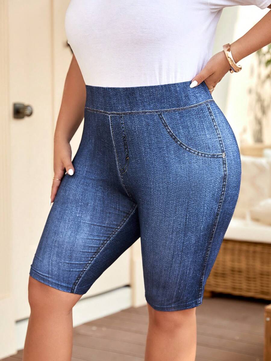 SHEIN LUNE 大碼牛仔效果印花高腰騎行褲 - 藍色 - 查看 1