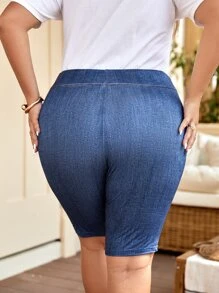 SHEIN LUNE 大碼牛仔效果印花高腰騎行褲 - 藍色 - 查看 2