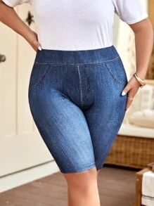 SHEIN LUNE 大碼牛仔效果印花高腰騎行褲 - 藍色 - 查看 3