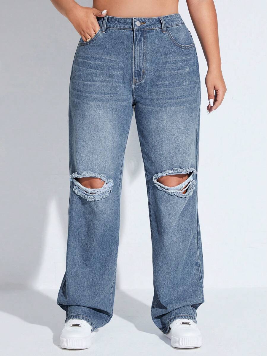 SHEIN EZwear Plus Ripped Straight Leg Boyfriend Jeans - Medium Wash - View 1