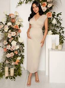 SHEIN Maternity Surplice Neck Split Back Dress - Apricot - View 1