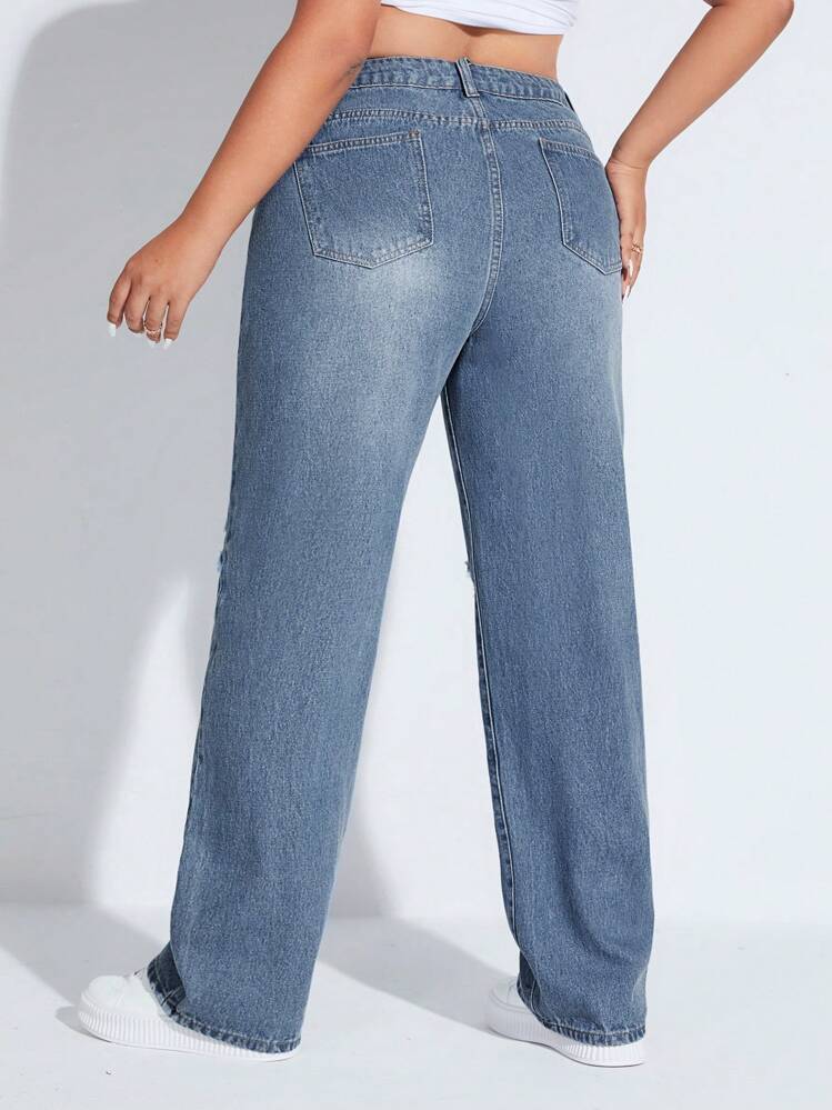 SHEIN EZwear 加大破洞直筒男友风牛仔裤 - 中等水洗藍 - 查看 2