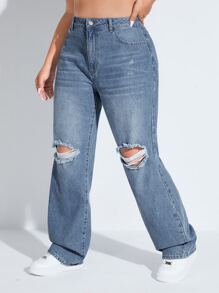 SHEIN EZwear Plus Ripped Straight Leg Boyfriend Jeans - Medium Wash - View 3