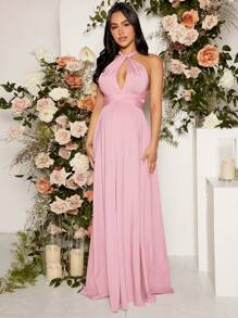 SHEIN Váy Bà bầu Lộ Lưng Hội Chữ thập Cắt ra Dây kéo màu trơn Gợi cảm - Màu Hồng baby - Xem 3