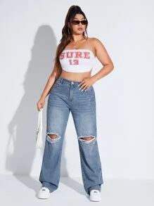 SHEIN EZwear Plus Ripped Straight Leg Boyfriend Jeans - Medium Wash - View 5