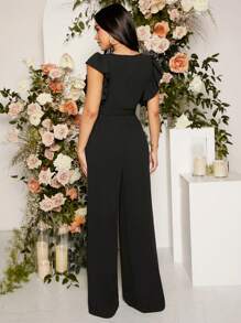 SHEIN Mono ancho con volantes, cinturón y piernas anchas para embarazada, para fiesta - Negro - Ver 2