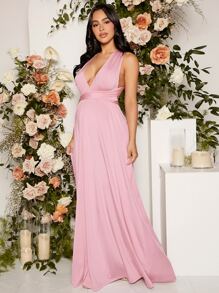 SHEIN Váy Bà bầu Lộ Lưng Hội Chữ thập Cắt ra Dây kéo màu trơn Gợi cảm - Màu Hồng baby - Xem 7