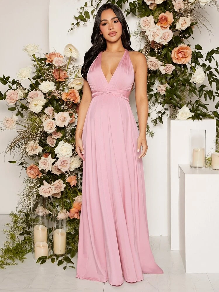 SHEIN Maternity Cross Wrap Tie Backless Dress - Baby Pink - View 9