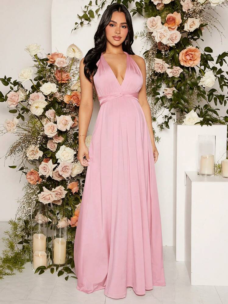 SHEIN Maternity Cross Wrap Tie Backless Dress - Baby Pink - View 10