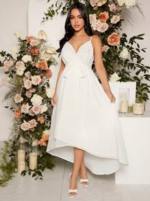 SHEIN Maternity Solid Belted Cami Dress, For Party - White - View 4