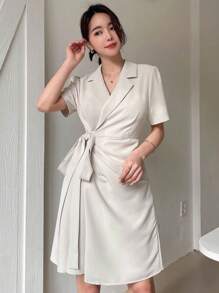 DAZY Lapel Neck Knot Side Wrap Dress Sundress - Beige - View 1