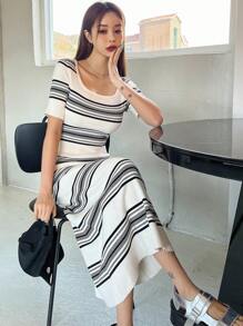 DAZY Striped Print Scoop Neck Dress - Black and White - View 3