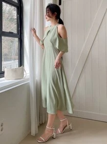 DAZY Đầm Xù Dây kéo màu trơn Buổi tiệc - Màu xanh Bạc hà - Xem 7