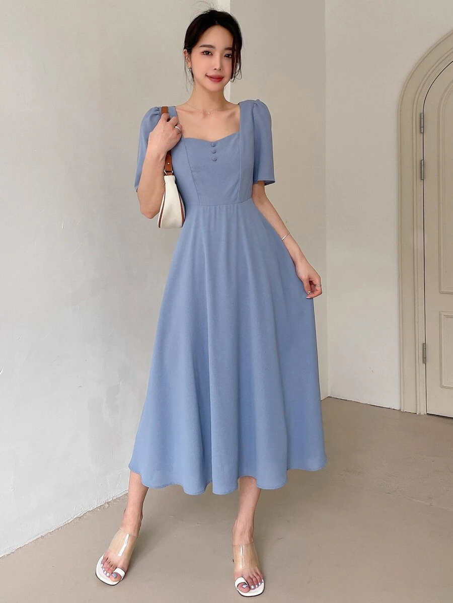 DAZY Solid Puff Sleeve A-Line Dress Sundress - Blue - View 1