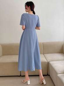 DAZY Solid Puff Sleeve A-Line Dress Sundress - Blue - View 2