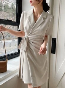 DAZY Lapel Neck Knot Side Wrap Dress Sundress - Beige - View 3