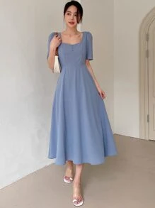 DAZY Solid Puff Sleeve A-Line Dress Sundress - Blue - View 3