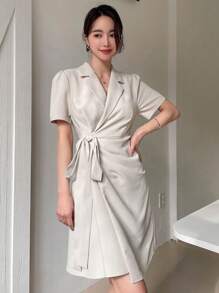 DAZY Lapel Neck Knot Side Wrap Dress Sundress - Beige - View 5