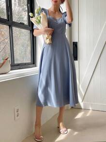 DAZY Solid Puff Sleeve A-Line Dress Sundress - Blue - View 5