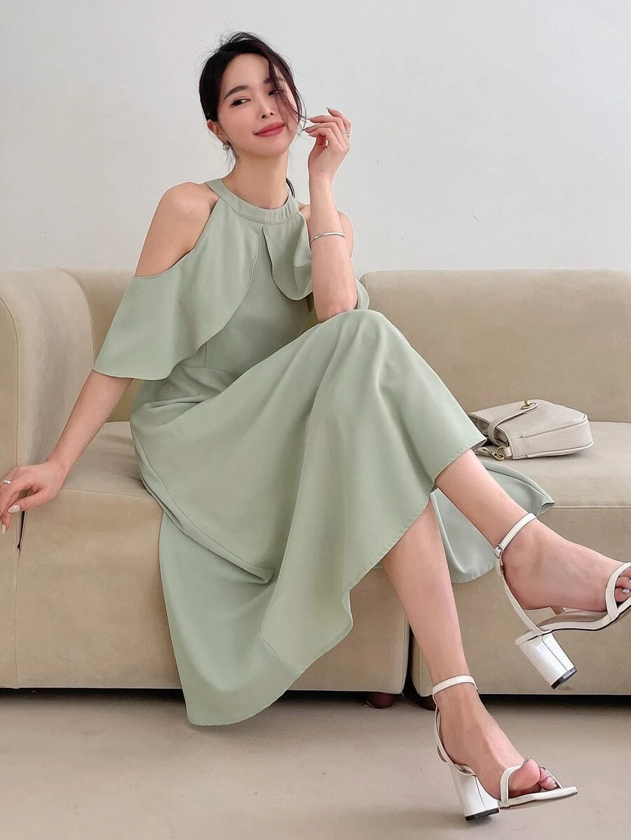 DAZY Đầm Xù Dây kéo màu trơn Buổi tiệc - Màu xanh Bạc hà - Xem 1