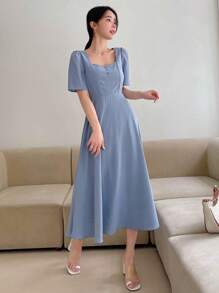DAZY Solid Puff Sleeve A-Line Dress Sundress - Blue - View 6