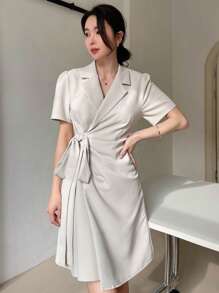 DAZY Lapel Neck Knot Side Wrap Dress Sundress - Beige - View 7