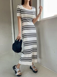 DAZY Striped Print Scoop Neck Dress - Black and White - View 7