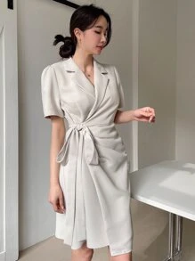 DAZY Lapel Neck Knot Side Wrap Dress Sundress - Beige - View 8