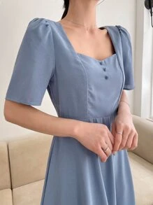 DAZY Solid Puff Sleeve A-Line Dress Sundress - Blue - View 7