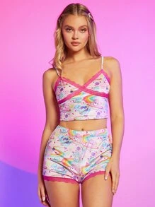 SHEIN X Care Bears Bộ đồ ngủ Nữ Tương phản ren Hoạt hình Dễ thương - Nhiều màu - Xem 7