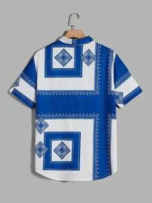 Manfinity Hombres Camisa con estampado geométrico con botón delantero - Azul y blanco - Ver 2