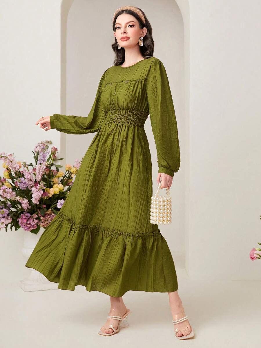 Mulvari Váy Ả Rập viền lá sen Viên lá sen Dải chun màu trơn Thanh lịch - Màu xanh Ô liu - Xem 1