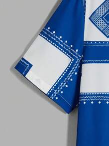 Manfinity Hombres Camisa con estampado geométrico con botón delantero - Azul y blanco - Ver 4