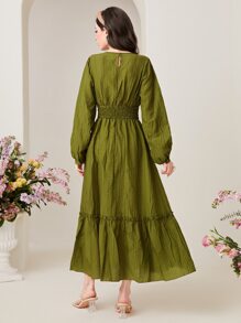 Mulvari Váy Ả Rập viền lá sen Viên lá sen Dải chun màu trơn Thanh lịch - Màu xanh Ô liu - Xem 2