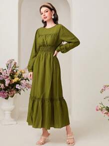 Mulvari Váy Ả Rập viền lá sen Viên lá sen Dải chun màu trơn Thanh lịch - Màu xanh Ô liu - Xem 3