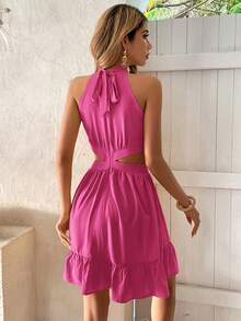 SHEIN VCAY Cut Out Waist Ruffle Hem Halter Neck Dress - Hot Pink - View 2