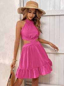 SHEIN VCAY Cut Out Waist Ruffle Hem Halter Neck Dress - Hot Pink - View 3