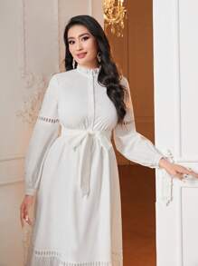 Modelyn Guipure Lace Insert Ruffle Hem Belted Dress