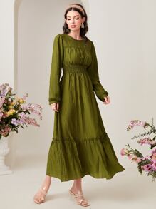 Mulvari Váy Ả Rập viền lá sen Viên lá sen Dải chun màu trơn Thanh lịch - Màu xanh Ô liu - Xem 5