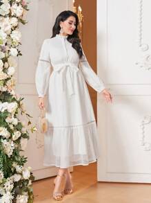 Modelyn Guipure Lace Insert Ruffle Hem Belted Dress