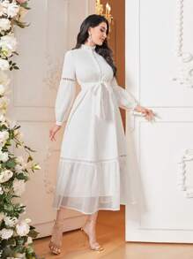 Modelyn Guipure Lace Insert Ruffle Hem Belted Dress