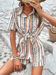 SHEIN VCAY 幾何印花落肩袖襯衫和短褲 - 彩色 - 查看 2