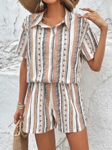 SHEIN VCAY 幾何印花落肩袖襯衫和短褲 - 彩色 - 查看 4