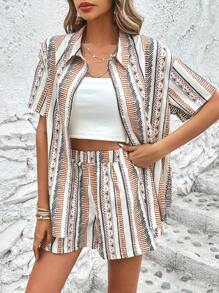 SHEIN VCAY 幾何印花落肩袖襯衫和短褲 - 彩色 - 查看 5