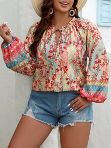 SHEIN VCAY Plus Floral Print Tie Neck Lantern Sleeve Blouse - Multicolor - View 4