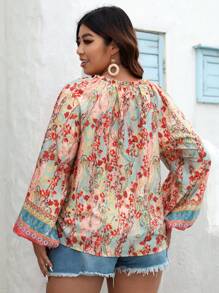 SHEIN VCAY Plus Floral Print Tie Neck Lantern Sleeve Blouse - Multicolor - View 3