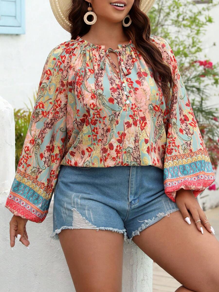 SHEIN VCAY Plus Floral Print Tie Neck Lantern Sleeve Blouse - Multicolor - View 1