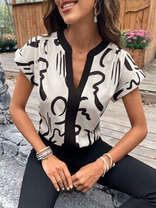 SHEIN Clasi 圖案印花缺口領蝙蝠袖襯衫 - 黑與白 - 查看 6