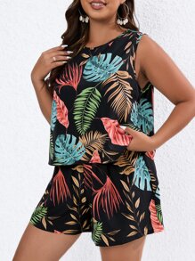 SHEIN LUNE Plus Tropical Print Tank Top & Shorts - Multicolor - View 3