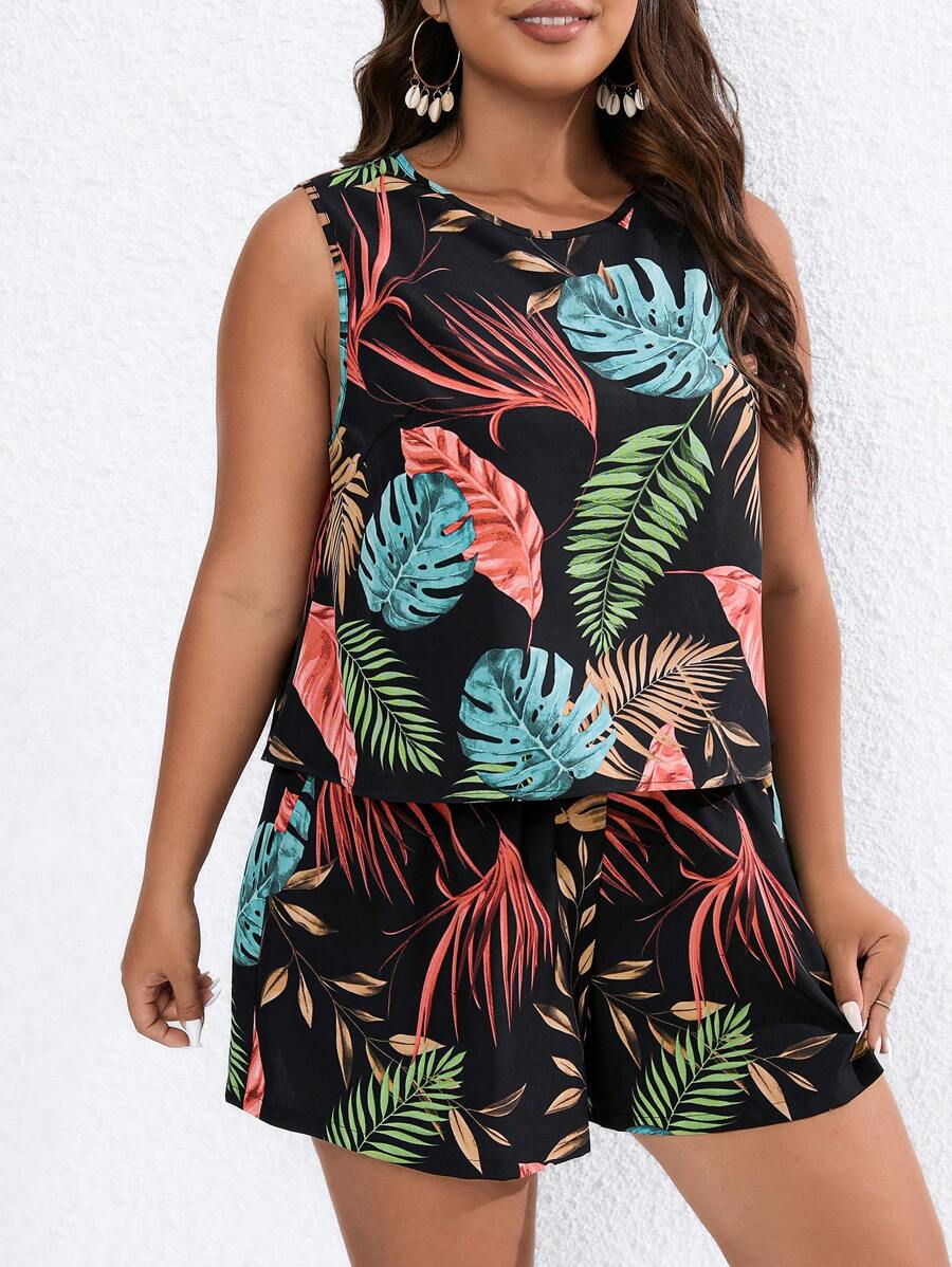 SHEIN LUNE Plus Tropical Print Tank Top & Shorts - Multicolor - View 1